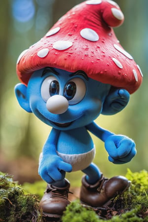 ((best quality, hdr, 32k)), cinematic shot of a Smurf Digital Mascot, hyper detailed winning photograph, full body shot, Lenkaizm, intricate details, white hat, masked, bright blue eyes, forest backlight, bright skin, full body, sharp focus, sudio photo composition, unashamedly visual charming face, mushrooms that are the smurfs' houses, vivid colors