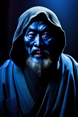 full shot, body portrait, creepy and menacing Japanese mythological ghost of an elderly ninja, scruffy beard, black background, hira ichimonji position, raised hand casting a magic spell in blue and purple tones, red pupil eyes, bloody pupil, bluish gray lighting in the face, close up, Horror, dark and creepy, hyper realism, ultra detailed 8k film frames 6000.