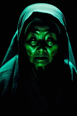 full shot, body portrait, creepy and menacing Japanese mythological ghost of an elderly ninja woman, black background, hira ichimonji position, raised hand casting a magic spell in green tones, white pupil eyes, bluish gray lighting on the face, close-up, horror , dark and creepy, hyperrealism, ultra detailed 8k film frames 6000