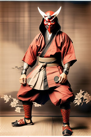 Evil ninja, ninja clothes, ((traditional Japanese shoes, tabis)), red tengu mask,