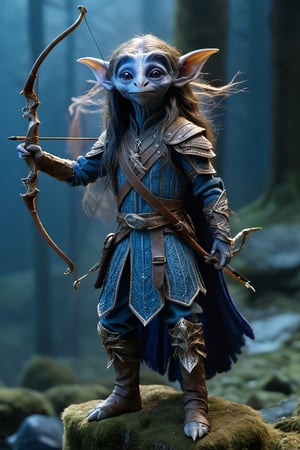 A full body foto of a gelfling archer man from the netflix series The Dark Crystal holding a bow, highly detailed face, long hair, 4K, highly realistic, highly detailed, In a fantasy world, shoes, twilight, blue armor