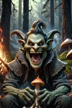 Friendly fantasy troll, slim, humanoid face, male, long thin hanging ears, highly detailed face, grinning, looking into the camera, sitting at a camp fire, handing a mushroom into the camera, portrait, fantasy art, dark fir forest, dark fantasy, detailed, 3d fractals, light particles, shimmering light, surreal, shimmering, perfect composition, detailed, insanely detailed, octane render trending on artstation, 8 k artistic photography, photorealistic concept art, soft natural volumetric cinematic perfect light,monster,HellAI