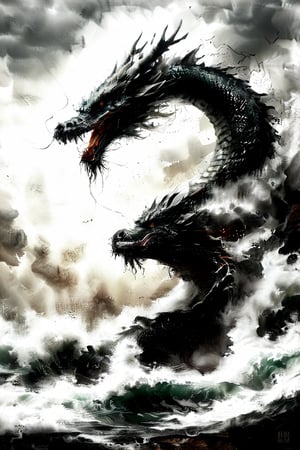 ultra-realistic photograph of a japanese dragon, full-length photo, in the style of matthias jung, kerem beyit, uhd image, 8k, authentic renderings, artgerm, green, red and orange fire, comes out of its mouth, crimson tones, historical painting, background of a rough sea, thunderstorm lightning, a great wave, a gigantic wave,Disney pixar style,dragon,LegendDarkFantasy,Dragon,darkart,dragon chinese,chinese dragon