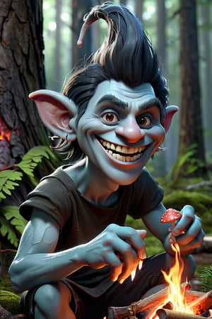 Friendly fantasy troll, slim, humanoid face, male, long thin hanging ears, highly detailed face, grinning, looking into the camera, sitting at a camp fire, handing a mushroom into the camera, portrait, fantasy art, dark fir forest, dark fantasy, detailed, 3d fractals, light particles, shimmering light, surreal, shimmering, perfect composition, detailed, insanely detailed, octane render trending on artstation, 8 k artistic photography, photorealistic concept art, soft natural volumetric cinematic perfect light