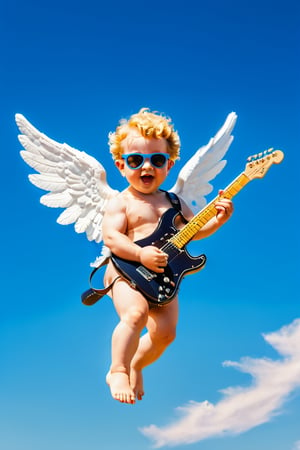 Ultra-realistic photography, 8k, full-length image Putto Angel Cherub with electric guitar, children, real_children, sunglasses, ((suspended in the air, flying, flapping its small wings: 1.6)), in the background the blue sky of a day sunny, intimate and ultra-detailed portrait composition, Leica 50mm, f1, colored, extremely realistic