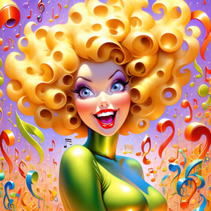 (full body photo:1.5), MULTIPLE curvy women, singing into 1 vintage microphone, adult faces, masterpiece, best quality, beautiful detailed eyes, (Yellow purple to orange fade hair, blue eyes), (short red hair, green eyes), parted lips, smiling, extremely detailed, large breasts, insane details, intricate details, hyperdetailed,kissing each other, Pencil dresses, eyeshadow, lipstick, music notes swirl around them, waves of color, retrofuturism, , ojou curls, floofy bob,