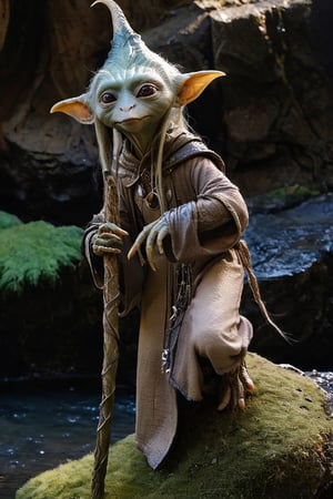 A full body foto of a beautifull gelfling girl (busty) from the netflix series The Dark Crystal holding a staff, highly detailed face, long hair, 4K, highly realistic, highly detailed, In a fantasy world, moss, a stream of clear water,no humans,xxmixgirl,Landskaper,aw0k euphoric style