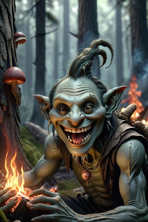 Friendly fantasy troll, slim, humanoid face, male, long thin hanging ears, highly detailed face, grinning, looking into the camera, sitting at a camp fire, handing a mushroom into the camera, portrait, fantasy art, dark fir forest, dark fantasy, detailed, 3d fractals, light particles, shimmering light, surreal, shimmering, perfect composition, detailed, insanely detailed, octane render trending on artstation, 8 k artistic photography, photorealistic concept art, soft natural volumetric cinematic perfect light,monster,HellAI