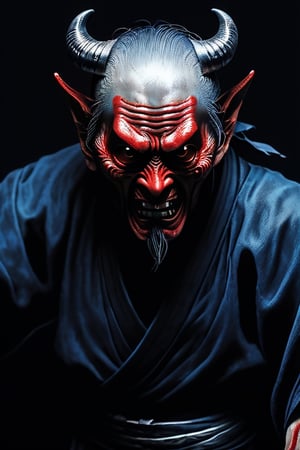 japanese mythological ghost of an elderly ninja, black background, creepy and threatening, bluish gray lighting, raised hand, his hand is wearing a red tengu mask and horns on his forehead, hira ichimonji position, red pupil eyes, bloody pupil, body portrait , full face shot, close up, horror, dark and creepy, hyper realism, ultra detailed 8k film frames 6000,Monster