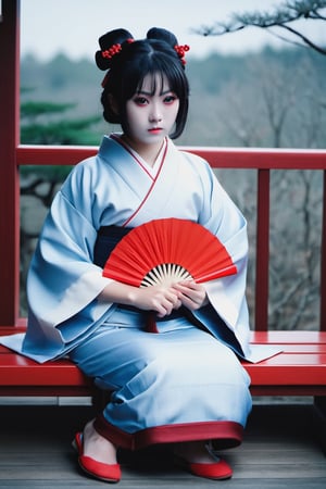 Japanese mythological ghost of a girl, Zashiki-warashi, traditional Japanese house background, creepy and adorable, beautiful girl, traditional Japanese clothes, soft lighting, cold tones, bluish gray, raised hand drawing attention, her hand carries a Japanese fan, bench and red tones and kneeling position, wide eyes big pupil, gray pupil, body portrait, full body shot, close-up, horror, dark and creepy, hyperrealism, ultra detailed 8k film frames 6000, Monster
