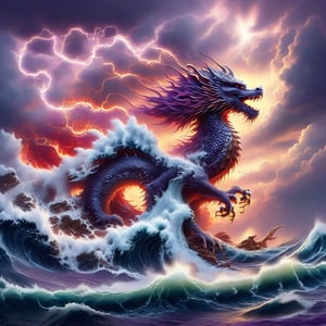 ultra-realistic photograph of a japanese dragon, full-length photo, in the style of matthias jung, kerem beyit, uhd image, 8k, authentic renderings, artgerm, purple, red and orange fire, comes out of its mouth, crimson tones, historical painting, background of a rough sea, thunderstorm lightning, a great wave, a gigantic wave,Disney pixar style,dragon,LegendDarkFantasy