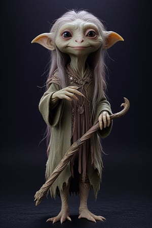 A full body foto of a gelfling girl from the netflix series The Dark Crystal holding a staff, highly detailed face, long hair, 4K, highly realistic, highly detailed, In a fantasy world, moss, a stream of clear water,no humans,xxmixgirl,Landskaper,<lora:659095807385103906:1.0>