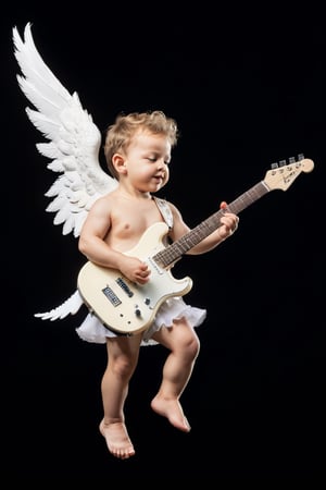 UltraRealistic photography, 8k, full body image Putto Angel Cherub with electric guitar, children, true_children,  suspended in the air, flapping its small wings, ultra-detailed, intimate portrait composition, Leica 50mm, f1, colored,Extremely Realistic
