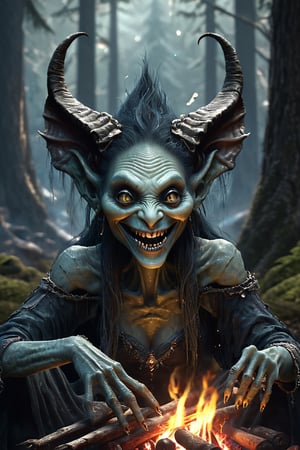 Friendly fantasy troll, slim, humanoid face, female, long thin hanging ears, highly detailed face, grinning, looking into the camera, sitting at a camp fire, handing a mushroom into the camera, portrait, fantasy art, dark fir forest, dark fantasy, detailed, 3d fractals, light particles, shimmering light, surreal, shimmering, perfect composition, detailed, insanely detailed, octane render trending on artstation, 8 k artistic photography, photorealistic concept art, soft natural volumetric cinematic perfect light,monster,HellAI