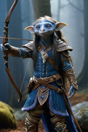 A full body foto of a gelfling archer man from the netflix series The Dark Crystal holding a bow, highly detailed face, long hair, 4K, highly realistic, highly detailed, In a fantasy world, shoes, twilight, blue armor,more detail XL,Magical Fantasy style