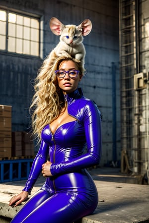 {{{gadgethackwrench}}}, {{{animal nose}}}, {{{mouse tail}}}, {{{short girl}}}, {{{small}}}, {{{long hair and blond }}},
{{{Very tight purple latex jumpsuit, exaggerated neckline, zipper down fully dressed}}},
{{{stay, sun rays, masterpiece, looking at the viewer}}}, looking at the viewer, disney, woman, curves, lush curves, {{{huge breasts}}},{{{firm breasts}}}, {{{ heavy breasts }}}, blue eyes, glasses on head, mouse tail, very large breasts, sun rays, well lit, masterpiece, detailed, sitting on a stool, warehouse, window, sky, clouds, squinting eyes, perfect eyes, high level of detail, mouse girl, SteelHeartQuiron character, Monster
