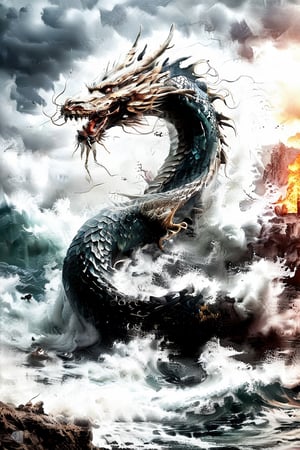 ultra-realistic photograph of a japanese dragon, full-length photo, in the style of matthias jung, kerem beyit, uhd image, 8k, authentic renderings, artgerm, purple, red and orange fire, comes out of its mouth, crimson tones, historical painting, background of a rough sea, thunderstorm lightning, a great wave, a gigantic wave,Disney pixar style,dragon,LegendDarkFantasy,Dragon,darkart,dragon chinese,chinese dragon