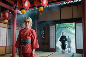 Modern, 2020s, detailed cinematic shot of realistic movie scene, blonde woman with shoulder length hair, happy in glasses looking at camera, full body shot showing intricate and detailed work, in front of evil ninja, clothing ninja ((traditional Japanese shoes, tabis)), red tengu mask, filmed in the style of Wes Anderson and Stephen King, Oscar-winning cinematography, stunning image captures, meticulous attention, stunning costume design, high contrast, backlighting, bloom , chromatic aberration, discrete lighting, wind, atmospheric fog,