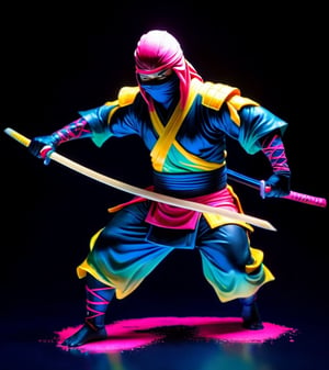 a hand-painted figurine representing a ninja man, rural Japanese, where secret ninja combat techniques are performed, art by josan gonzalez, yuna, pencil draw, cyb-3d-art,Leonardo Style,neon style,beyond_the_black_rainbow