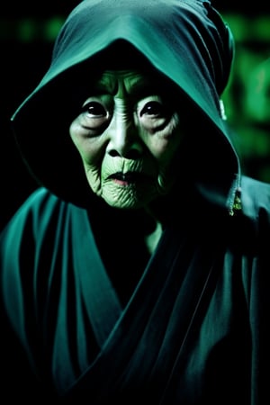 full shot, body portrait, creepy and menacing Japanese mythological ghost of an elderly ninja woman, black background, hira ichimonji position, raised hand casting a magic spell in green tones, white pupil eyes, bluish gray lighting on the face, close-up, horror , dark and creepy, hyperrealism, ultra detailed 8k film frames 6000