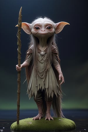 A full body foto of a gelfling girl from the netflix series The Dark Crystal holding a staff, highly detailed face, long hair, 4K, highly realistic, highly detailed, In a fantasy world, moss, a stream of clear water,no humans,xxmixgirl,Landskaper,<lora:659095807385103906:1.0>