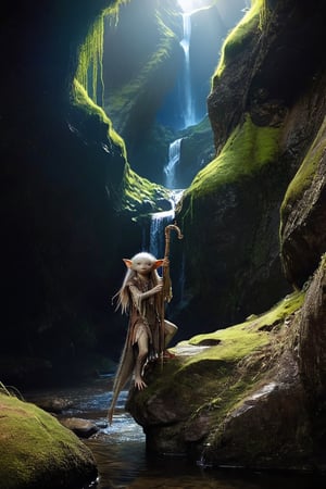 A full body foto of a beautifull gelfling girl (busty) from the netflix series The Dark Crystal holding a staff, highly detailed face, long hair, 4K, highly realistic, highly detailed, In a fantasy world, moss, a stream of clear water,xxmixgirl,aw0k euphoric style