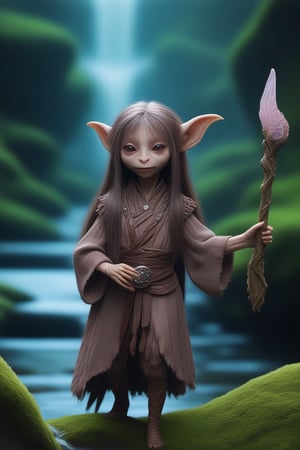 A full body foto of a gelfling girl from the netflix series The Dark Crystal holding a staff, highly detailed face, long hair, 4K, highly realistic, highly detailed, In a fantasy world, moss, a stream of clear water,no humans,xxmixgirl,<lora:659095807385103906:1.0>