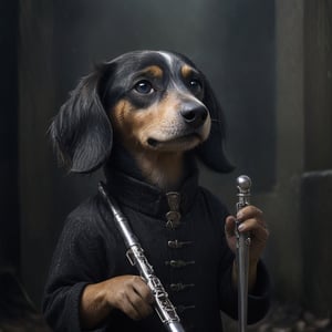 Cinematic photo of an anthropomorphic Dachshund humanoid body, playing a silver flute, wind musical instrument, movie poster, dressed as a prestigious musician, great detail, hyper-realistic. 35mm photography, film, bokeh, professional, 4k, highly detailed, Cnd,dragon_h,N.A.WhitetailDeer