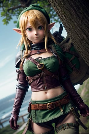 Linkle portrait of the  of zelda majora's mask, 17 years old, long full green jacket over pants, green hat, beige pants, brown leather belt with compartments over jacket, warrior sword scabbard, boots brown leather, (right handed warrior sword: 1.6), 8k, high details, 0.35: : full shot, frontal shot, from below, 1 girl, dark studio, low light,dark studio/ñ,(a guy, Linkle ,the  of zelda majora's mask,  Skydiver jumping of a cliff: 1.6), (sunny day: 1.2), (divine rays, ocean in the distance: 1.1), (wooded area: 1.4), photography, detailed skin, realistic, photorealistic, 8k, highly detailed, full frame, highly detailed RAW color art, diffused soft lighting, shallow depth of field, sharp focus, hyper realism, cinematic lighting, bokeh, sakura haruno, dark studio, Linkle the  of zelda majora's mask, soft lighting,vane /(granblue fantasy/)