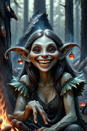 Friendly fantasy troll, slim, humanoid face, female, long thin hanging ears, highly detailed face, grinning, looking into the camera, sitting at a camp fire, handing a mushroom into the camera, portrait, fantasy art, dark fir forest, dark fantasy, detailed, 3d fractals, light particles, shimmering light, surreal, shimmering, perfect composition, detailed, insanely detailed, octane render trending on artstation, 8 k artistic photography, photorealistic concept art, soft natural volumetric cinematic perfect light,monster,HellAI