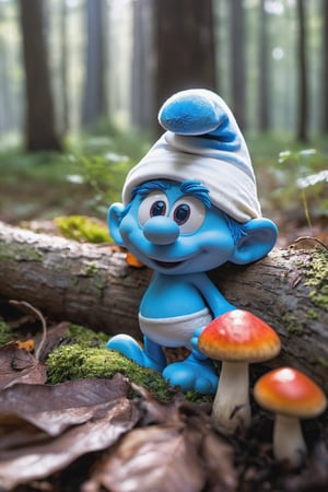 ((best quality, hdr, 32k)), cinematic shot of a Smurf Digital Mascot, hyper detailed winning photograph, full body shot, Lenkaizm, intricate details, white hat, masked, bright blue eyes, forest backlight, bright skin, full body, sharp focus, sudio photo composition, unashamedly visual charming face, mushrooms that are the smurfs' houses, vivid colors