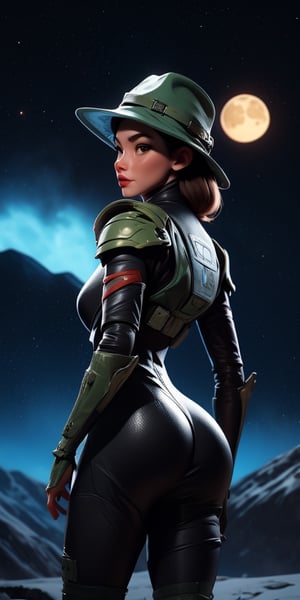 Masterpiece, analog style, bldrnrst, (35mmstyle:1), film-like, rear angle photo of (effortlessly beautiful [cyborg| woman] space outlaw, wearing white latex booty shorts and [Cyberpunk| Dieselpunk] red vest armor, accentuated booty), ((cowboy hat)), (perfect face: 1.2), Looking straight at the viewer, (detailed skin), realistic skin texture, [[imperfect skin]], fine details, BREAK (standing on brink of tall mountain with grand and imposing tropical rainforest on alien planet in the background), (sci-fi), (mountains: 1.1), lush green vegetation, vivid details, beautiful colors, [ambient light], (two moons and majestic galaxy in the night sky above in background), [fantasy| scifi]_(setting), BREAK (lens flare: 0.7), (bloom: 0.6), particle effects, beautiful cinematic light, shallow depth of field, photographed on a Hasselblad X1D II 50c, 90mm f/2. 8 cine lens, sharp focus, cinestill 800T, (highly detailed, intricately detailed), HDR, 8k, cinematic film still from [gravity| westworld], from behind, big ass,aw0k euphoric style,SAM YANG,3DMM,mature female