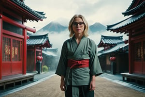 Modern, 2020s, detailed cinematic shot of realistic movie scene, blonde woman with shoulder length hair, happy in glasses looking at camera, full body shot showing intricate and detailed work, in front of evil ninja, clothing ninja ((traditional Japanese shoes, tabis)), red tengu mask, filmed in the style of Wes Anderson and Stephen King, Oscar-winning cinematography, stunning image captures, meticulous attention, stunning costume design, high contrast, backlighting, bloom , chromatic aberration, discrete lighting, wind, atmospheric fog,