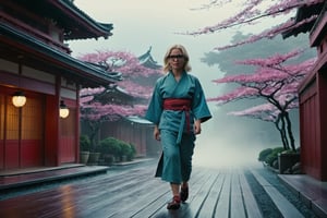 Modern, 2020s, detailed cinematic shot of realistic movie scene, blonde woman europeam with shoulder length hair, happy in glasses looking at camera, full body shot showing intricate and detailed work, in front of evil ninja, clothing ninja ((traditional Japanese shoes, tabis)), red tengu mask, filmed in the style of Wes Anderson and Stephen King, Oscar-winning cinematography, stunning image captures, meticulous attention, stunning costume design, high contrast, backlighting, bloom , chromatic aberration, discrete lighting, wind, atmospheric fog,