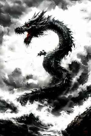 ultra-realistic photograph of a japanese dragon, full-length photo, in the style of matthias jung, kerem beyit, uhd image, 8k, authentic renderings, artgerm, green, red and orange fire, comes out of its mouth, crimson tones, historical painting, background of a rough sea, thunderstorm lightning, a great wave, a gigantic wave,Disney pixar style,dragon,LegendDarkFantasy,Dragon,darkart,dragon chinese,chinese dragon