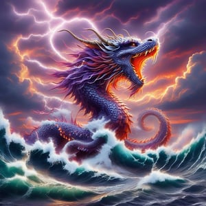 ultra-realistic photograph of a japanese dragon, full-length photo, in the style of matthias jung, kerem beyit, uhd image, 8k, authentic renderings, artgerm, purple, red and orange fire, comes out of its mouth, crimson tones, historical painting, background of a rough sea, thunderstorm lightning, a great wave, a gigantic wave,Disney pixar style,dragon,LegendDarkFantasy