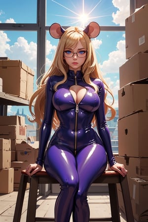 {{{gadgethackwrench}}}, {{{animal nose}}}, {{{mouse tail}}}, {{{short girl}}}, {{{small}}}, {{{long hair and blond }}},
{{{Very tight purple latex jumpsuit, exaggerated neckline, zipper down fully dressed}}},
{{{stay, sun rays, masterpiece, looking at the viewer}}}, looking at the viewer, disney, woman, curves, lush curves, {{{huge breasts}}},{{{firm breasts}}}, {{{ heavy breasts }}}, blue eyes, glasses on head, mouse tail, very large breasts, sun rays, well lit, masterpiece, detailed, sitting on a stool, warehouse, window, sky, clouds, squinting eyes, perfect eyes, high level of detail, mouse girl, SteelHeartQuiron character, Monster,Realism