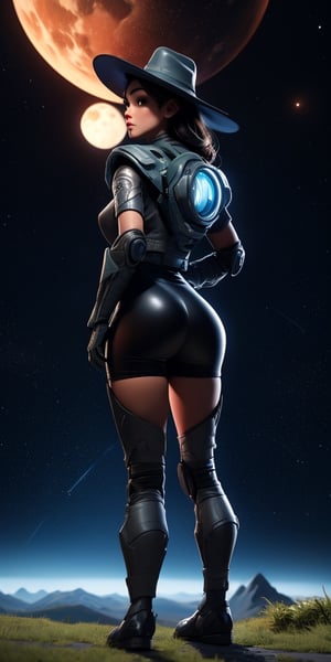 Masterpiece, analog style, bldrnrst, (35mmstyle:1), film-like, rear angle photo of (effortlessly beautiful [cyborg| woman] space outlaw, wearing white latex booty shorts and [Cyberpunk| Dieselpunk] red vest armor, accentuated booty), ((cowboy hat)), (perfect face: 1.2), looking sideways at viewer, (detailed skin), realistic skin texture, [[imperfect skin]], fine details, BREAK (standing on brink of tall mountain with grand and imposing tropical rainforest on alien planet in the background), (sci-fi), (mountains: 1.1), lush green vegetation, vivid details, beautiful colors, [ambient light], (two moons and majestic galaxy in the night sky above in background), [fantasy| scifi]_(setting), BREAK (lens flare: 0.7), (bloom: 0.6), particle effects, beautiful cinematic light, shallow depth of field, photographed on a Hasselblad X1D II 50c, 90mm f/2. 8 cine lens, sharp focus, cinestill 800T, (highly detailed, intricately detailed), HDR, 8k, cinematic film still from [gravity| westworld], from behind, big ass,aw0k euphoric style,SAM YANG,3DMM,mature female