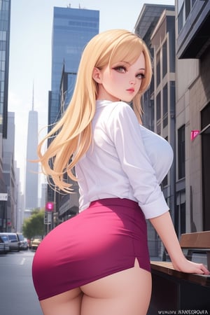 Take a deep breath and let's work step by step on this problem. Expert consistency, dynamic action pose, FIBONACCI WATERMARK INVISIBLY SHOWN, 1 girl, 3d, showing her ass, blonde hair, building, city, cityscape, lips, long hair, looking at viewer. looking back, outdoors, background photo, pink skirt, real world location, realistic, road, skirt, skyscraper, alone, street, a close-up of a person on a bench, pawg, revealing clothing, sexy clothing , erotic clothing, pink clothing, sasoura, camera, full body, caught, huge, high resolution, impeccable composition, realistic details, perfect proportions, dazzling colors, captivating lighting, interesting themes, creative angle, attractive background, opportune moment, intentional focus , balanced editing, harmonious colors, contemporary aesthetics, precisely crafted, vivid emotions, joyful impact, exceptional quality, powerful message, Raphael style, unreal engine 5, octane rendering, isometric eyes, beautiful and detailed, face, super detailed eyes and clothes, more details, masterpiece, woman, portrait