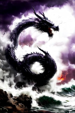 ultra-realistic photograph of a japanese dragon, full-length photo, in the style of matthias jung, kerem beyit, uhd image, 8k, authentic renderings, artgerm, purple, red and orange fire, comes out of its mouth, crimson tones, historical painting, background of a rough sea, thunderstorm lightning, a great wave, a gigantic wave,Disney pixar style,dragon,LegendDarkFantasy,Dragon,darkart,dragon chinese,chinese dragon