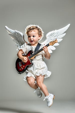 UltraRealistic photography, 8k, full body image Putto Angel Cherub with electric guitar, children, true_children,  suspended in the air, flapping its small wings, ultra-detailed, intimate portrait composition, Leica 50mm, f1, colored,Extremely Realistic