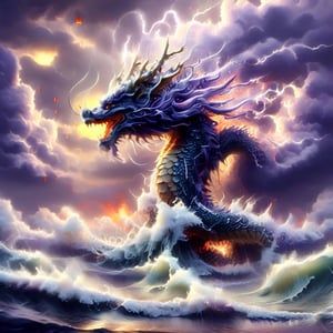 ultra-realistic photograph of a japanese dragon, full-length photo, in the style of matthias jung, kerem beyit, uhd image, 8k, authentic renderings, artgerm, purple, red and orange fire, comes out of its mouth, crimson tones, historical painting, background of a rough sea, thunderstorm lightning, a great wave, a gigantic wave,Disney pixar style,dragon,LegendDarkFantasy,Dragon,darkart