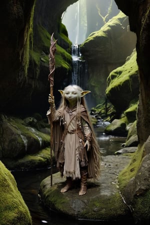 A full body foto of a beautifull gelfling girl (busty) from the netflix series The Dark Crystal holding a staff, highly detailed face, long hair, 4K, highly realistic, highly detailed, In a fantasy world, moss, a stream of clear water,no humans,xxmixgirl,Landskaper,aw0k euphoric style