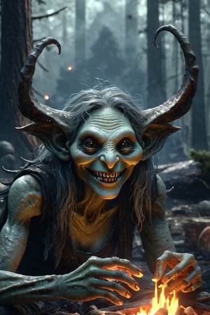 Friendly fantasy troll, slim, humanoid face, female, long thin hanging ears, highly detailed face, grinning, looking into the camera, sitting at a camp fire, handing a mushroom into the camera, portrait, fantasy art, dark fir forest, dark fantasy, detailed, 3d fractals, light particles, shimmering light, surreal, shimmering, perfect composition, detailed, insanely detailed, octane render trending on artstation, 8 k artistic photography, photorealistic concept art, soft natural volumetric cinematic perfect light,monster,HellAI