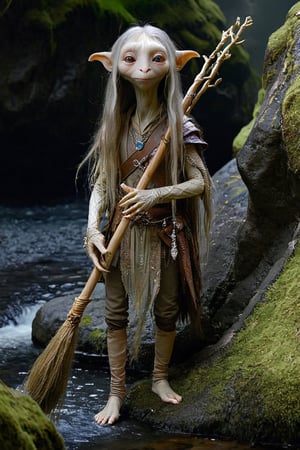 A full body foto of a beautifull gelfling girl (busty) from the netflix series The Dark Crystal holding a staff, highly detailed face, long hair, 4K, highly realistic, highly detailed, In a fantasy world, moss, a stream of clear water,xxmixgirl,aw0k euphoric style
