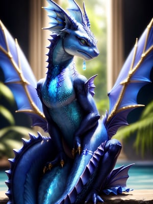 Visible full body of a water dragon looking towards the horizon, its eyes full of glorious intelligence, vibrant azure blue and gold scales with beautiful silver flecks, blue eyes, small ruffles along the length around the neck and on the ears, volumetric lighting, eyes detailed, detailed claws, detailed body, detailed scales, ultra-detailed, HDR, 8k, detailed lighting, hyper-realistic, ultra-intricate detail, octane, portraiture, depth of field, sharp focus on subject, stylish, ultra-realistic detail, photorealistic, Vaporeon