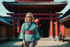 Modern, 2020s, detailed cinematic shot of realistic movie scene, blonde woman with shoulder length hair, happy in glasses looking at camera, full body shot showing intricate and detailed work, in front of evil ninja, clothing ninja ((traditional Japanese shoes, tabis)), red tengu mask, filmed in the style of Wes Anderson and Stephen King, Oscar-winning cinematography, stunning image captures, meticulous attention, stunning costume design, high contrast, backlighting, bloom , chromatic aberration, discrete lighting, wind, atmospheric fog,