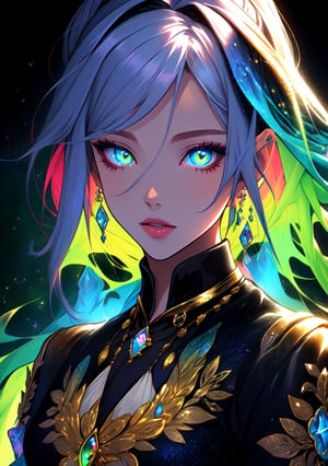 She has multi-colored hair, luminous eyes and dresses in dresses that change color with each song or painting, masterpice, very detailed, handsome, 1girl, detailed face, ilustration 