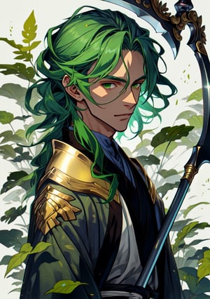 man with green hair and dressed in robes that look like they were made of leaves. He always carries a golden scythe to harvest, masterpice, very detailed, handsome, 1male, detailed face, ilustration 