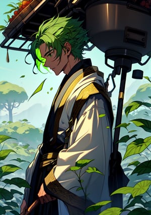 man with green hair and dressed in robes that look like they were made of leaves. He always carries a golden scythe to harvest, masterpice, very detailed, handsome, 1male, 